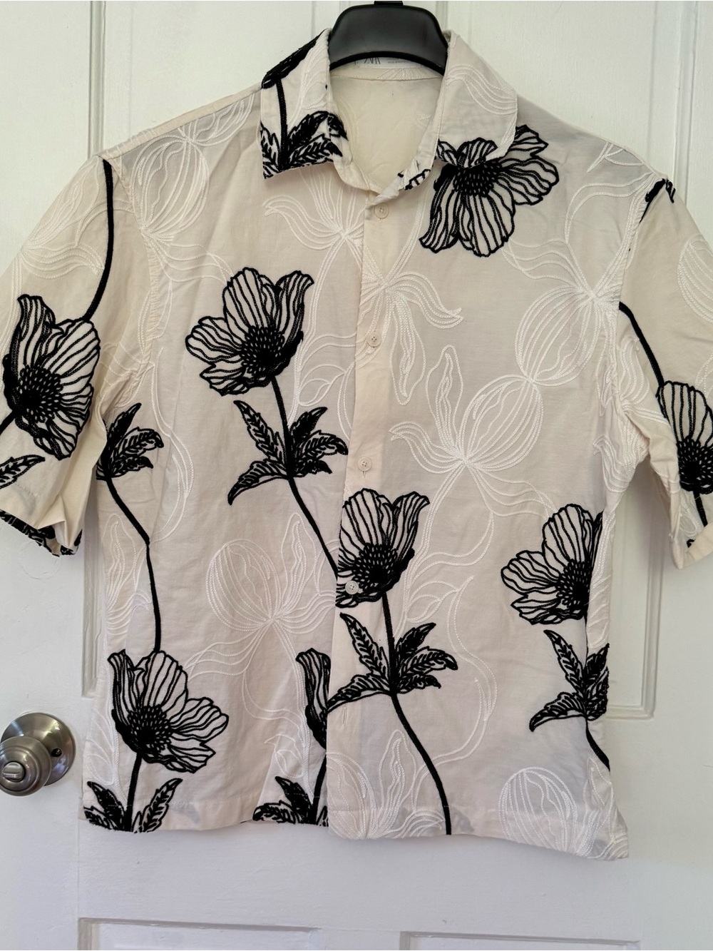 Zara Black Floral Embroidered Cotton Button-Down on Cream